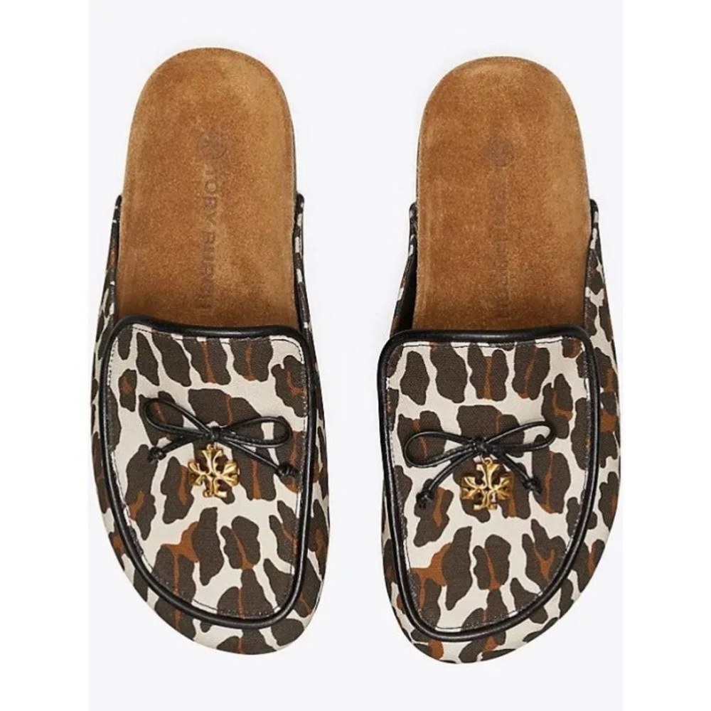 Tory Burch Leopard Canvas Mule Loafer Brown Black Slip On Shoes Size 6.5 NWT